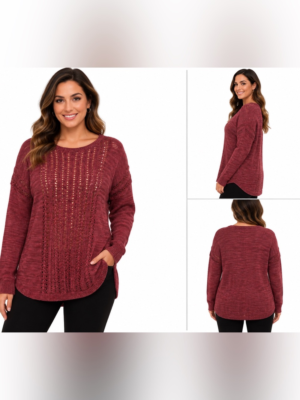 Christopher & Banks NWT Burgundy Open Knit Lace Detail Sweater Women’s L